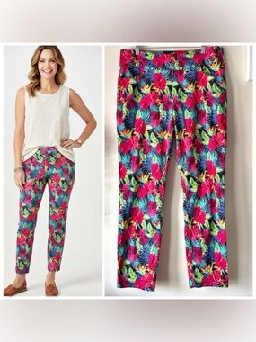 Soft Surroundings Pull-On Tummy Control Ankle Pants Tropical Resort Vaca Size L